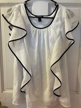 A. Byer White Ruffle Sleeve Blouse with Black Trim